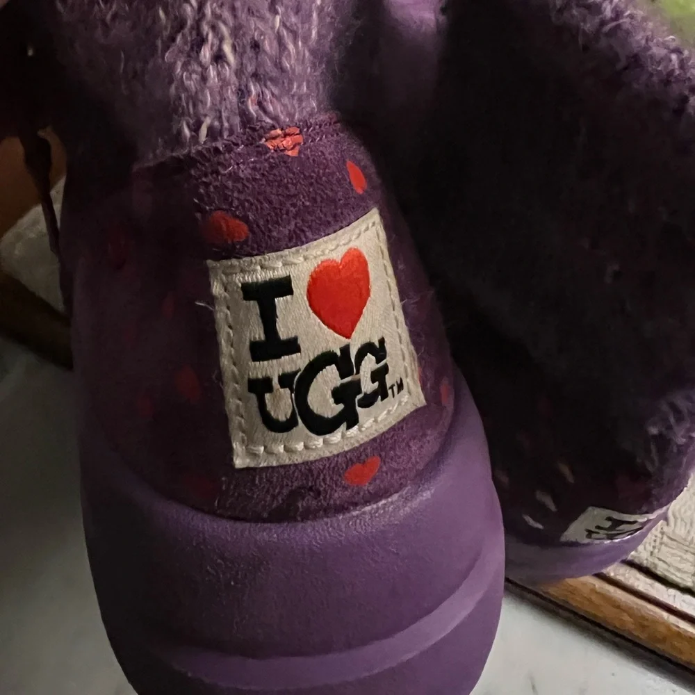 UGG I Heart Ugg Knit Slouchy Casual Drawstring Boots Purple Red Girls Size 6 GUC